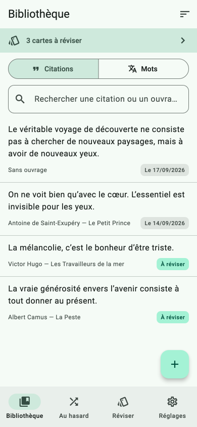 Liste de citations dans l'application, avec l'ouvrage et l'état de mémorisation