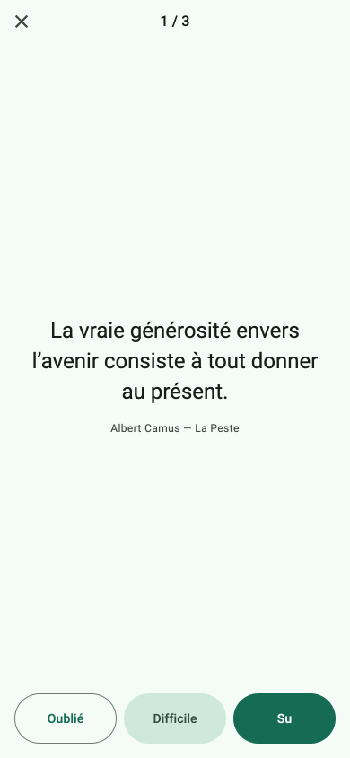 Une citation présentée seule, avec trois boutons de notation